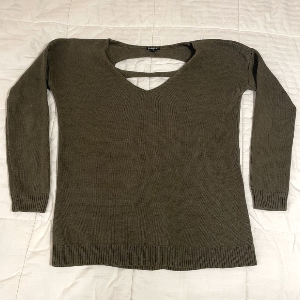 Express Y2K Army Green V-Neck Sweater Size S Oversized Open Back Distressed EUC